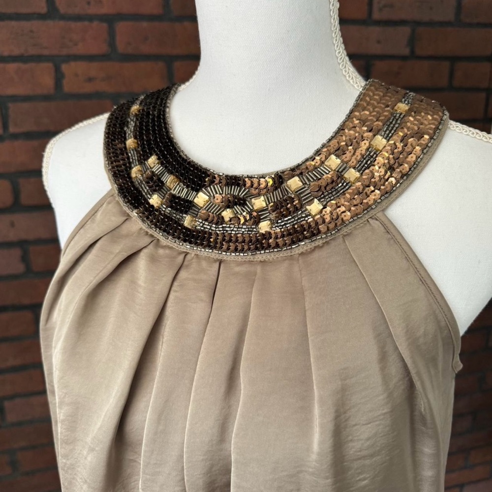A Diva Beaded Halter Top Small Champagne Satin Keyhole Back Boho - Picture 2 of 6